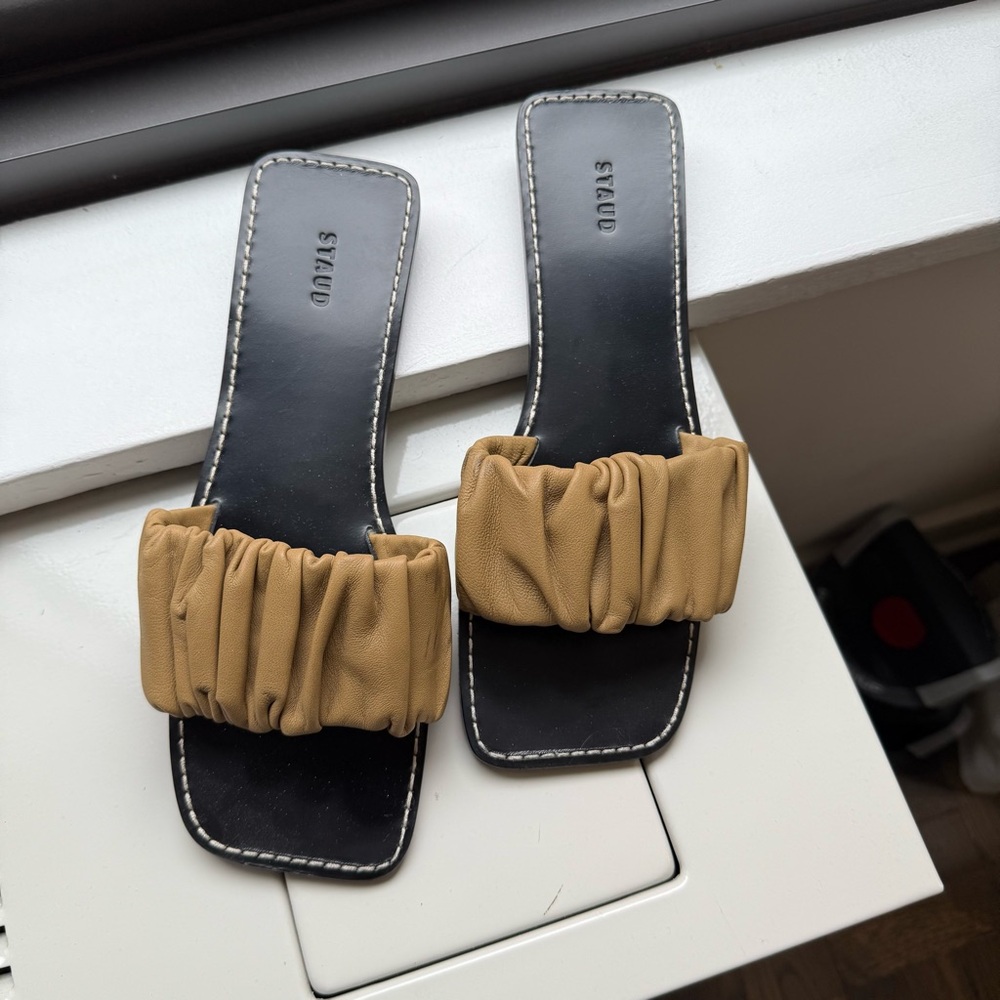STAUD Leather Beige Tan Stitch Slide Sandals